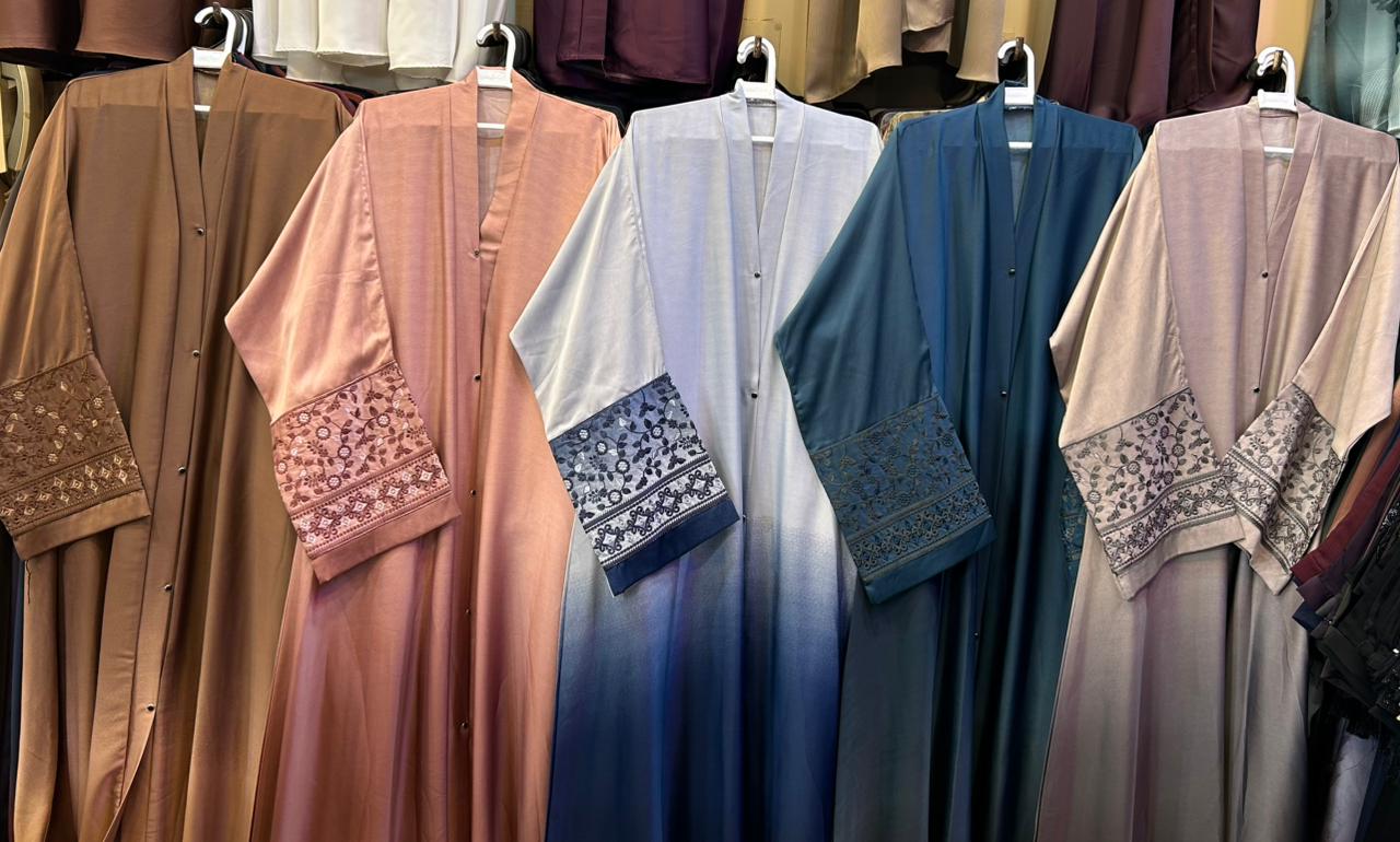 Dye Embroidered Silk Crinkle Flare Abaya