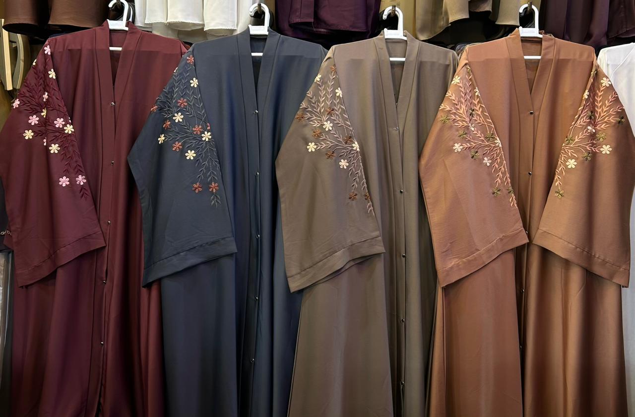 Floral Embroidered Silk Crinkle Flare Abaya