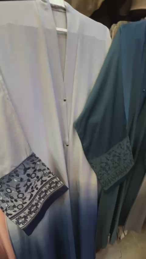 Dye Embroidered Silk Crinkle Flare Abaya